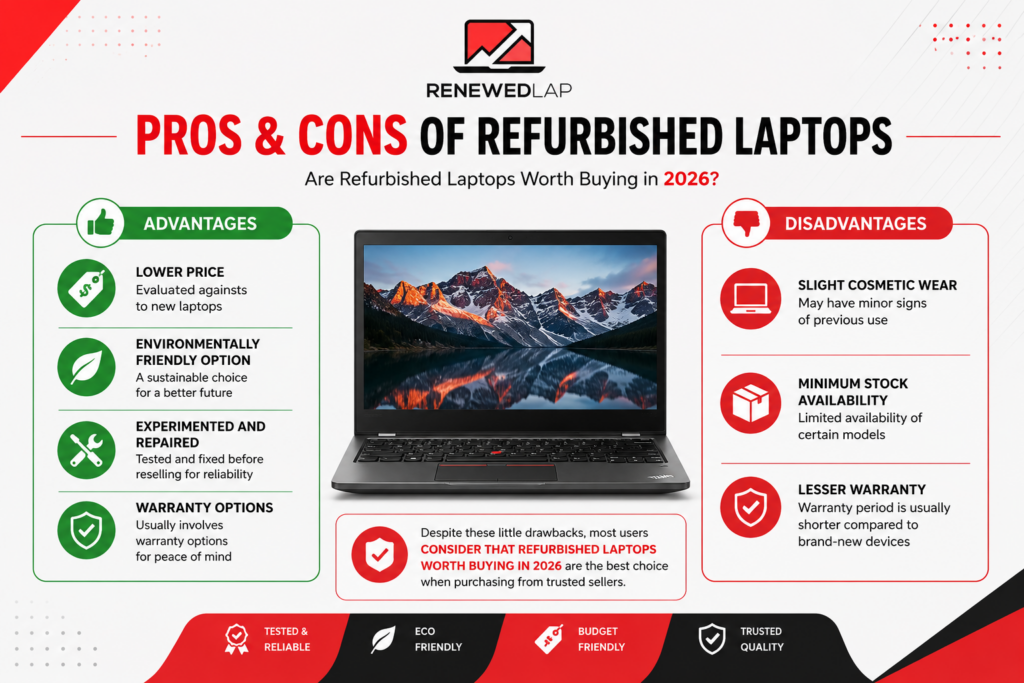 Infographic showing advantages and disadvantages of refurbished laptops including affordability, warranty, eco benefits, and limitations.