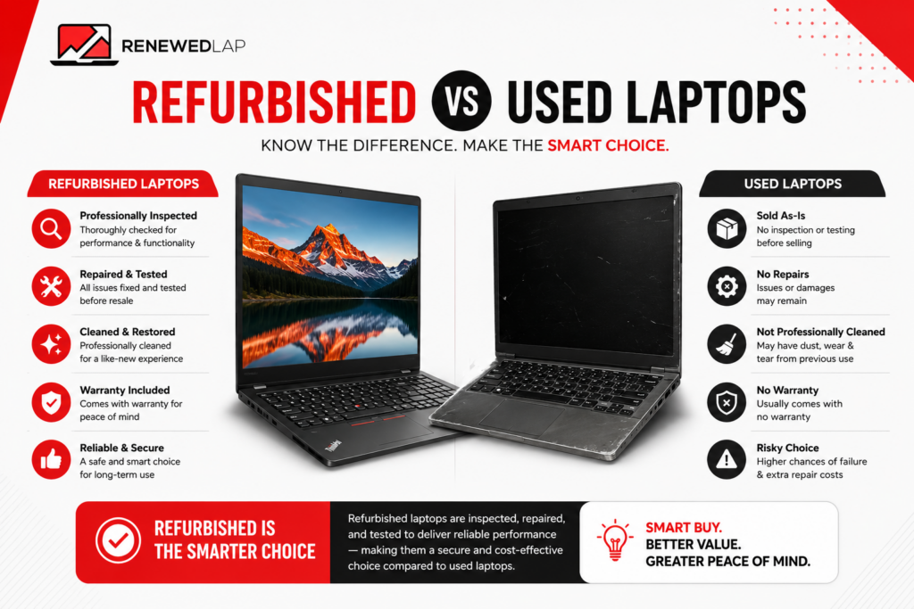 Side-by-side comparison between refurbished and used laptops showing testing, repairs, warranty, and reliability differences.