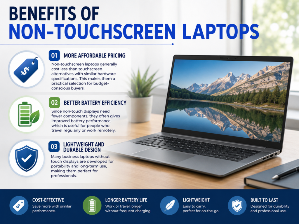 Benefits of non-touchscreen laptops highlighting affordability, longer battery life, and a lightweight, durable design.