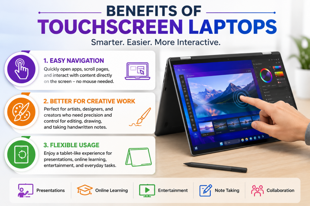 Benefits of touchscreen laptops showing easy navigation, creative work, and flexible tablet-like usage