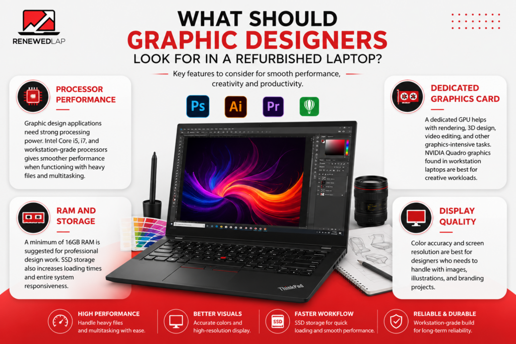 Refurbished laptop features for graphic designers.