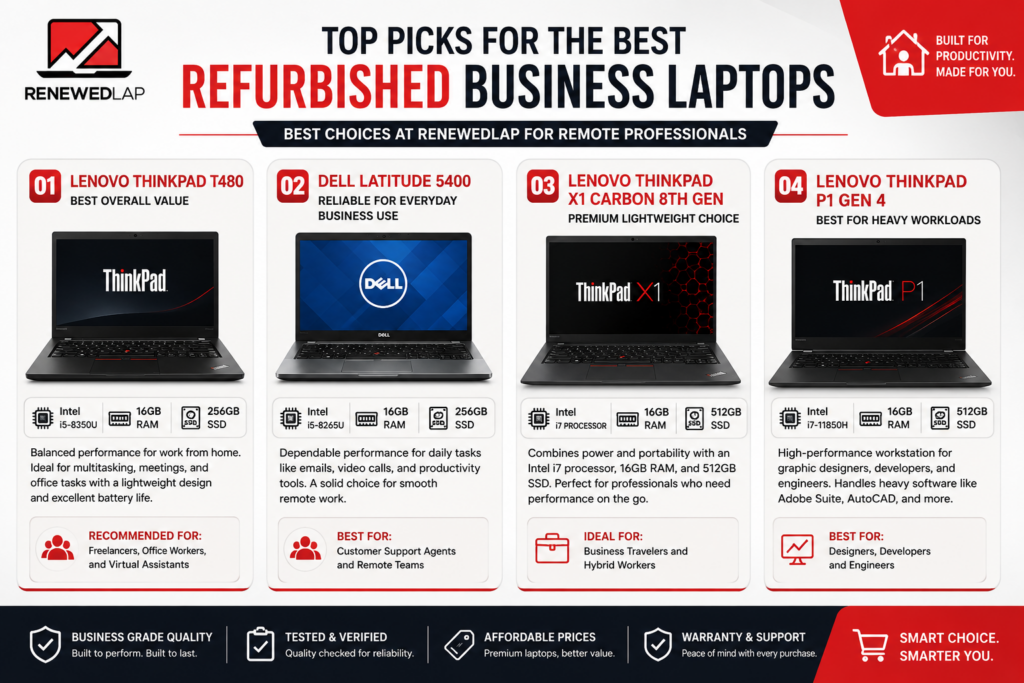 Top refurbished business laptops for remote work featuring Lenovo ThinkPad and Dell Latitude.
