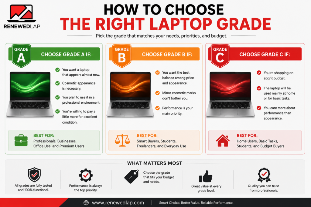 How to choose the right refurbished laptop grade with Grade A, B, and C options for different budgets and needs.