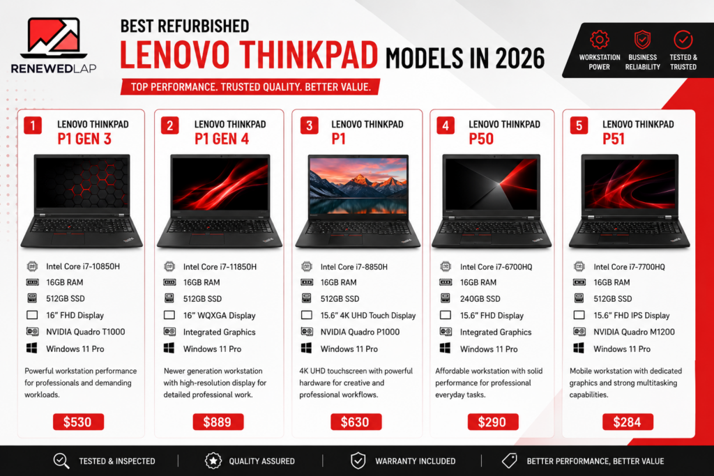 Best refurbished Lenovo ThinkPad models in 2026 including P1 Gen 3, P1 Gen 4, P1, P50, and P51