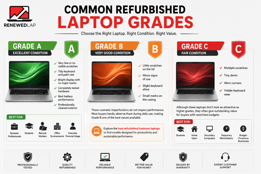Common refurbished laptop grades comparing Grade A, Grade B, and Grade C by condition, appearance, performance, and value.
